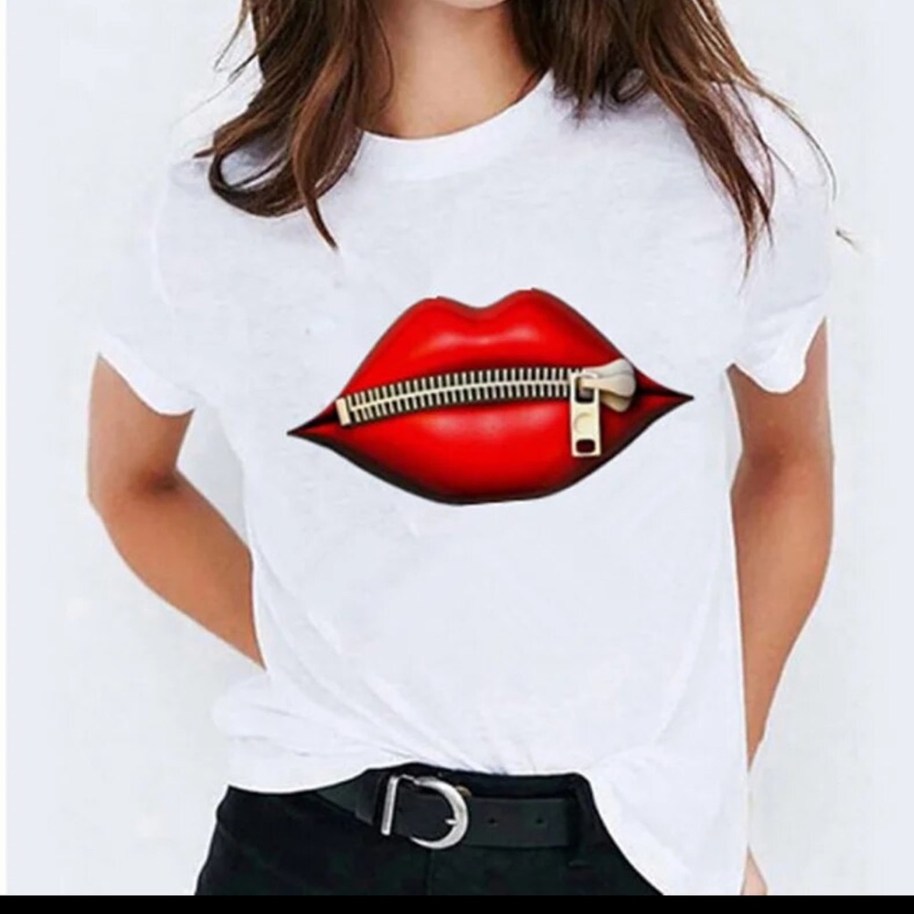 Sexy LIPS ZIP UP Short Sleeve WHITE TSHIRT 💯 COTTON Rare Shirt